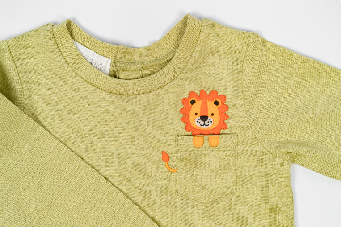 Light olive green baby t-shirt with a small embroidered lion in a front pocket.