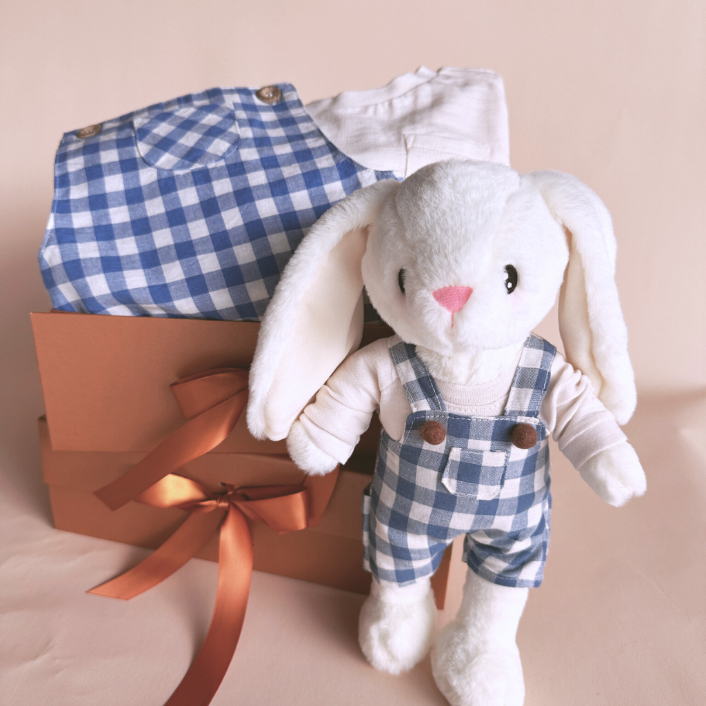 BlueBird Short Overalls, Long Sleeve Shirt and Free "CuddleFields Mini Chums" plush toy.