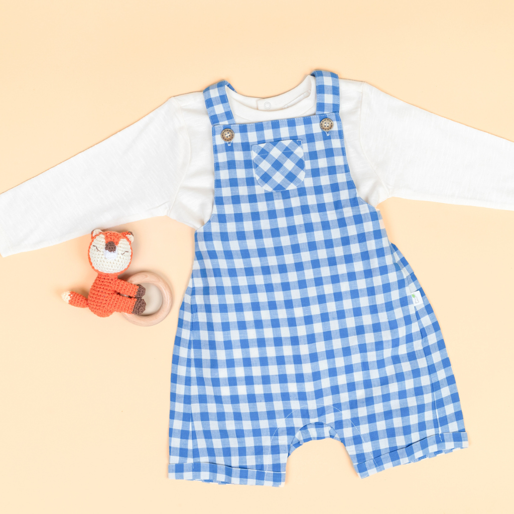 BlueBird Short Overalls, Long Sleeve Shirt and Free "CuddleFields Mini Chums" plush toy.