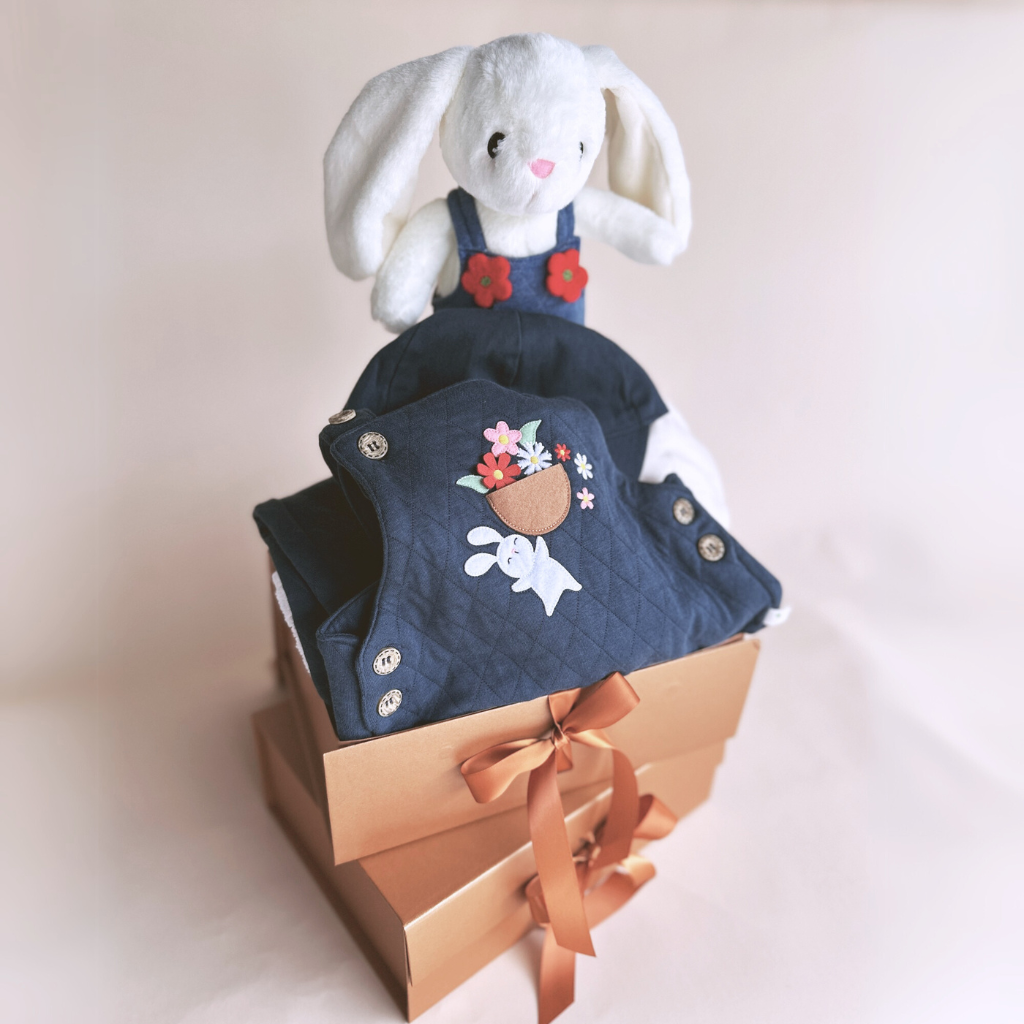 3 pc Gift Bundle - Bunny (BL) Overalls+Long Sleeve T-Shirt+Cap & Free "CuddleFields Mini Chums" plush toy.