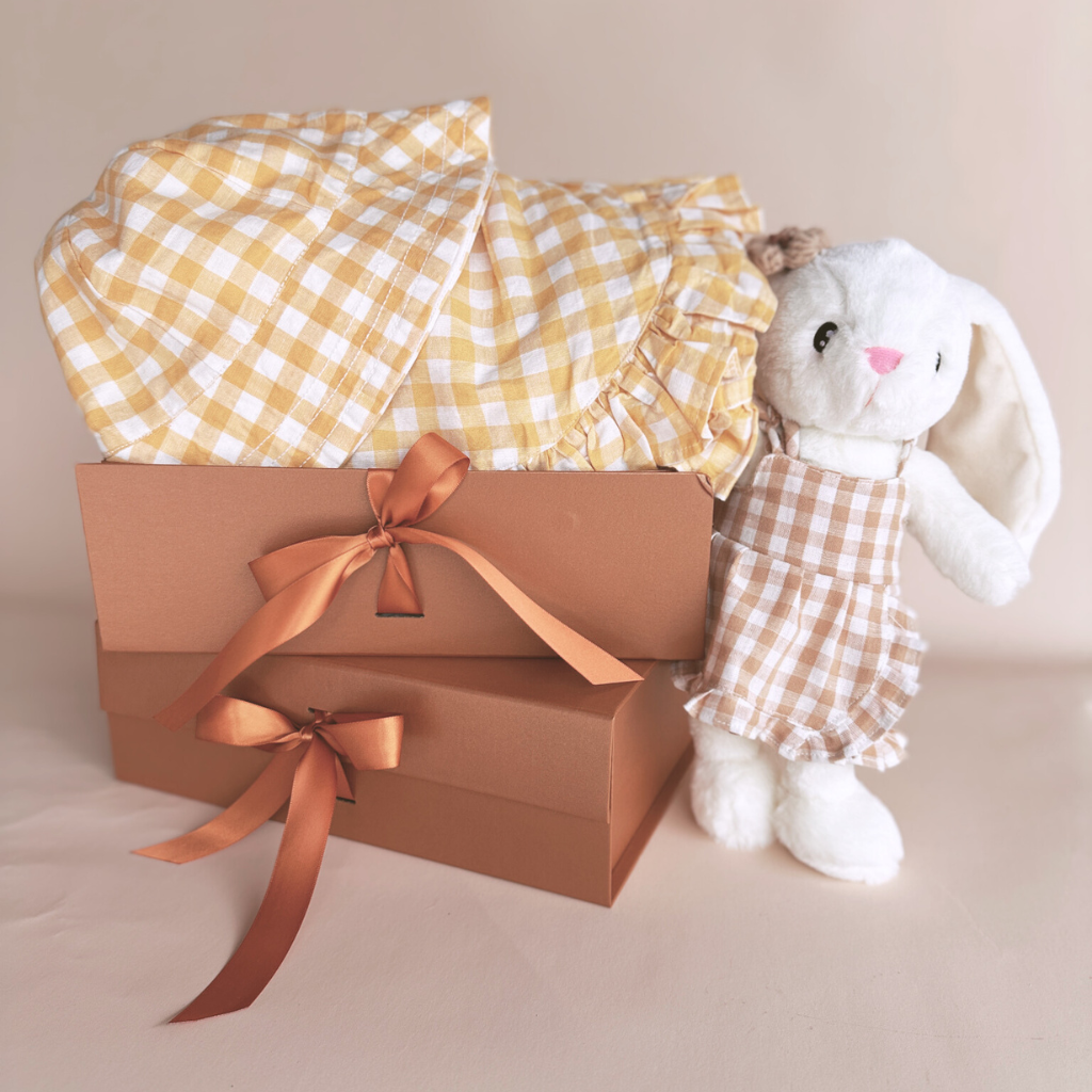 2 pc Set - Hawaiian Sun Dress, Sun Hat and Free "CuddleFields Mini Chums" plush toy.