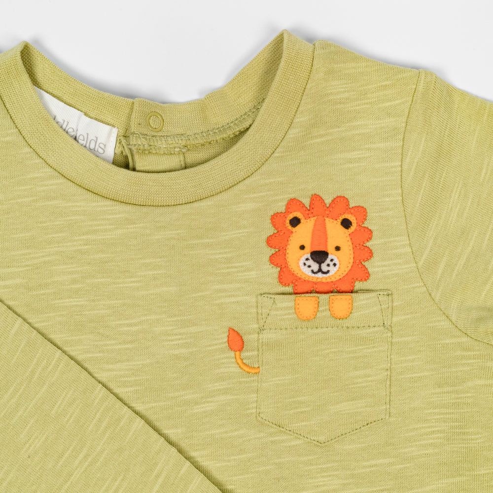 Light olive green baby t-shirt with a small embroidered lion in a front pocket.