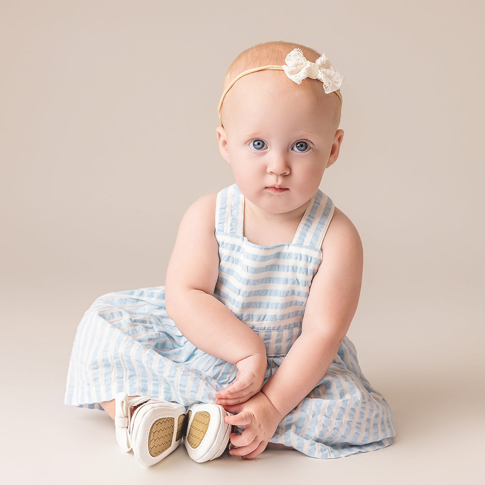 
                      
                        2 pc Set - Sky Stripes Dress + Sun Hat + Free "CuddleFields Mini Chums" plush toy.
                      
                    