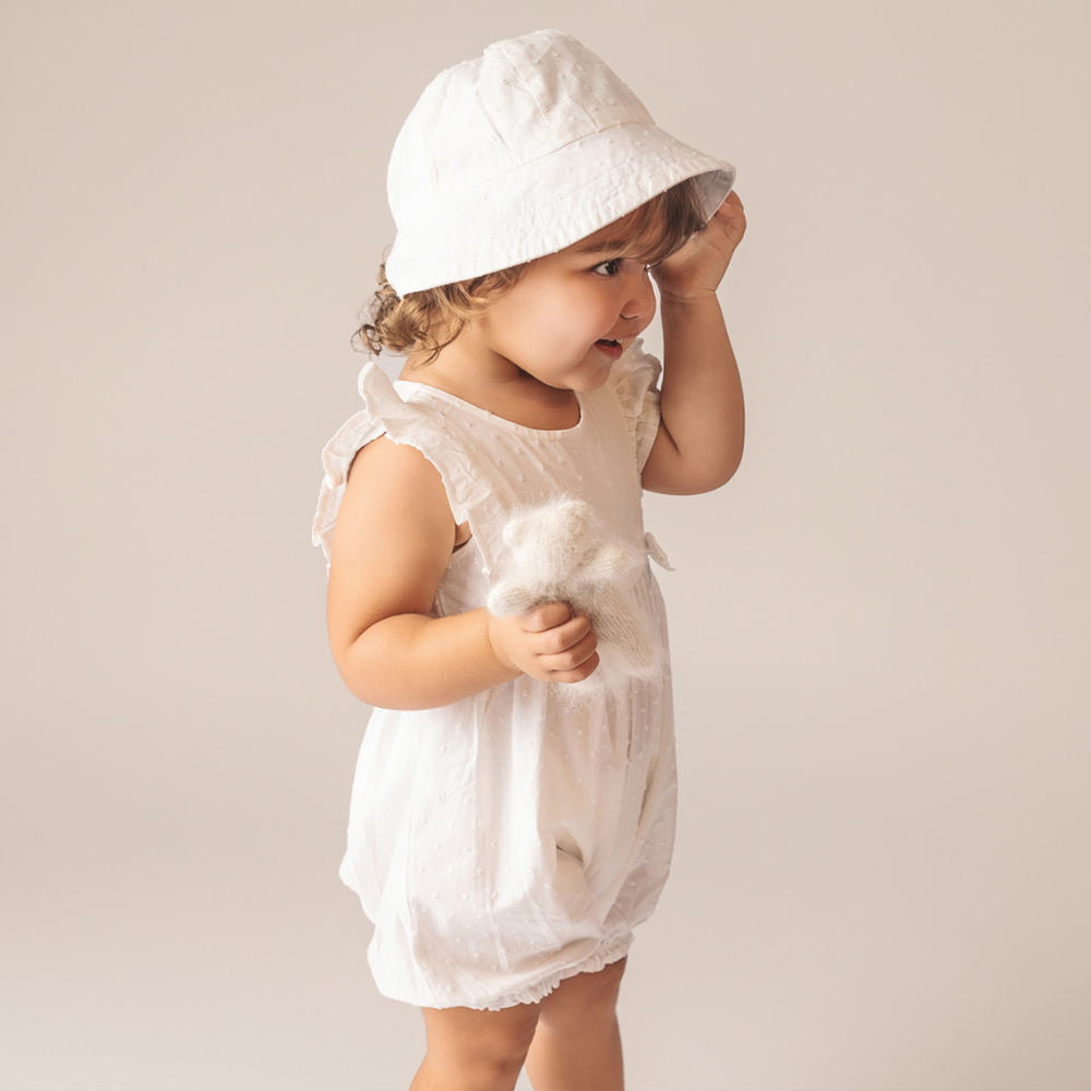 
                      
                        2 pc Set - Chantilly Swiss Dot Romper + Sun Hat + Free "CuddleFields Mini Chums" plush toy.
                      
                    