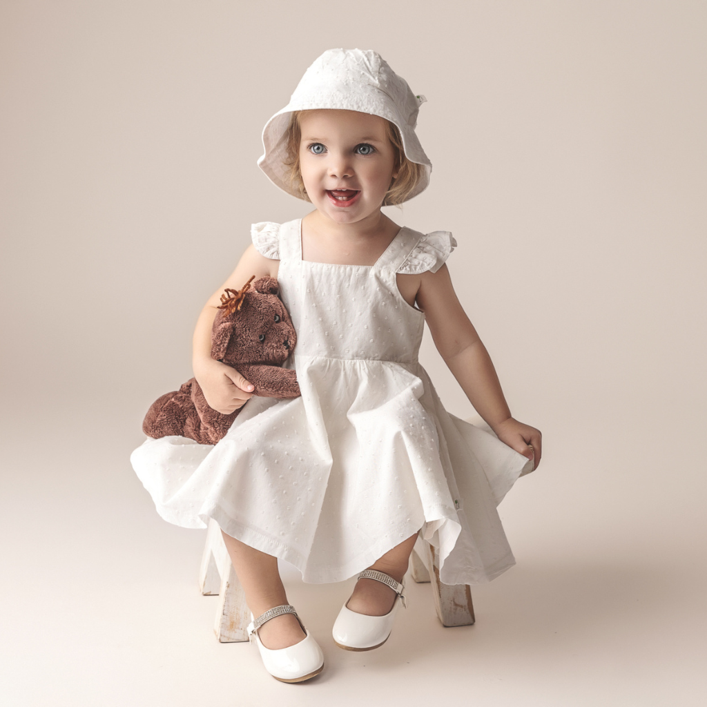 2 pc Set - Chantilly Swiss Dot Dress, Sun Hat and Free "CuddleFields Mini Chums" plush toy.