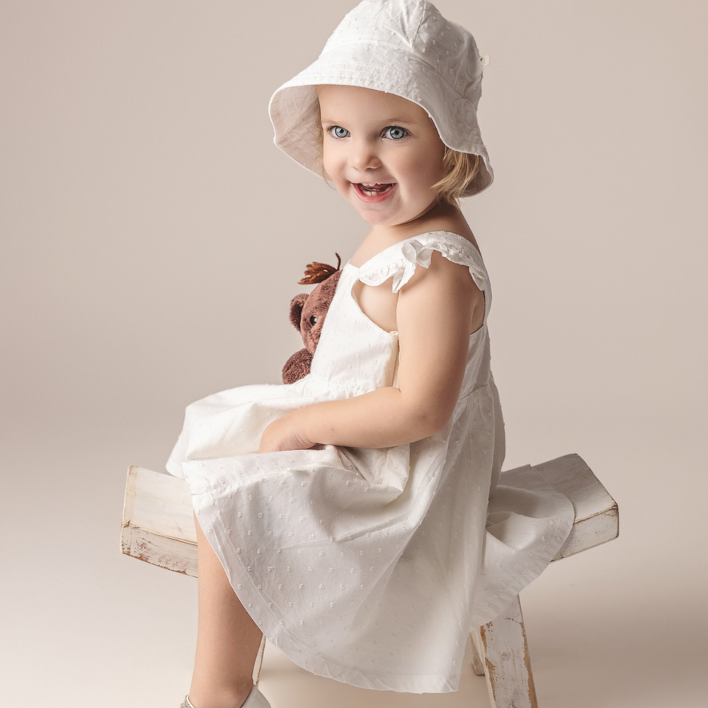 
                      
                        2 pc Set - Chantilly Swiss Dot Dress, Sun Hat and Free "CuddleFields Mini Chums" plush toy.
                      
                    