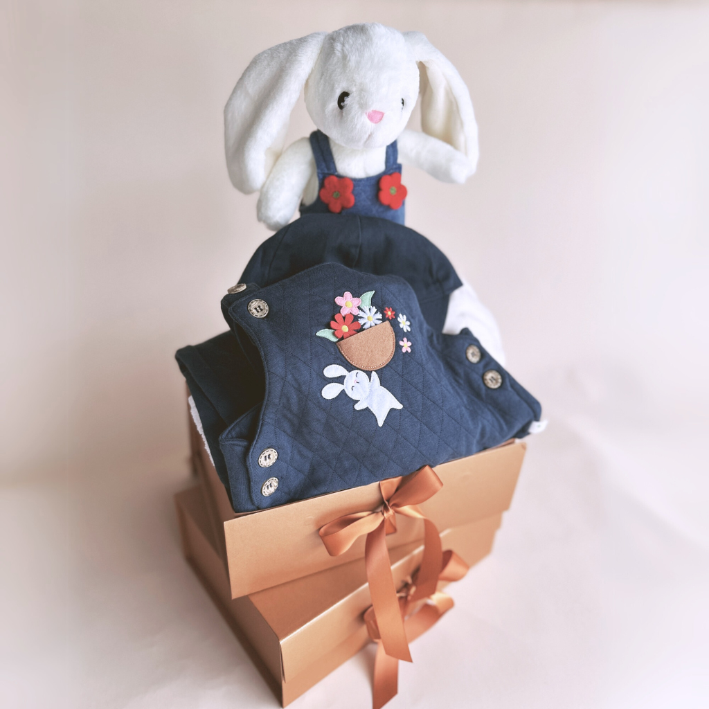 3 pc Gift Bundle - Bunny (BL) Overalls+Long Sleeve T-Shirt+Cap & FREE CuddleFields Mini Chum